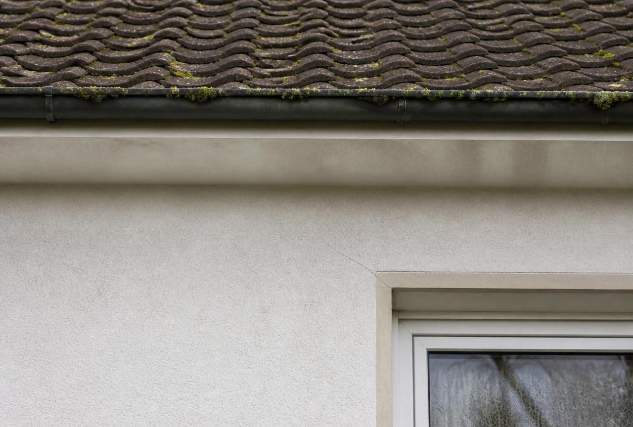 Detailaufnahme Dachrand und Fassade oberhalb eines Fensters.