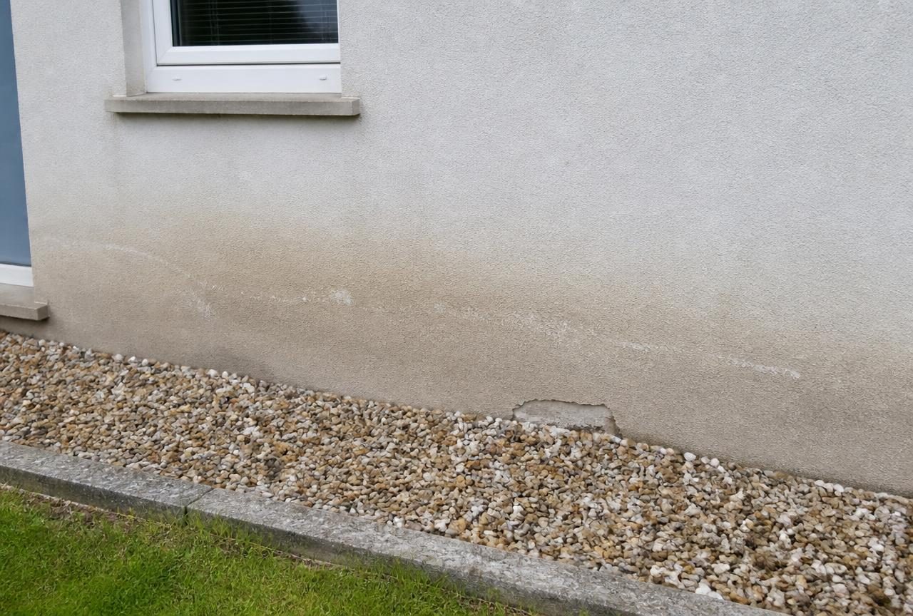 Sockelbereich der Außenwand mit Kiesstreifen.